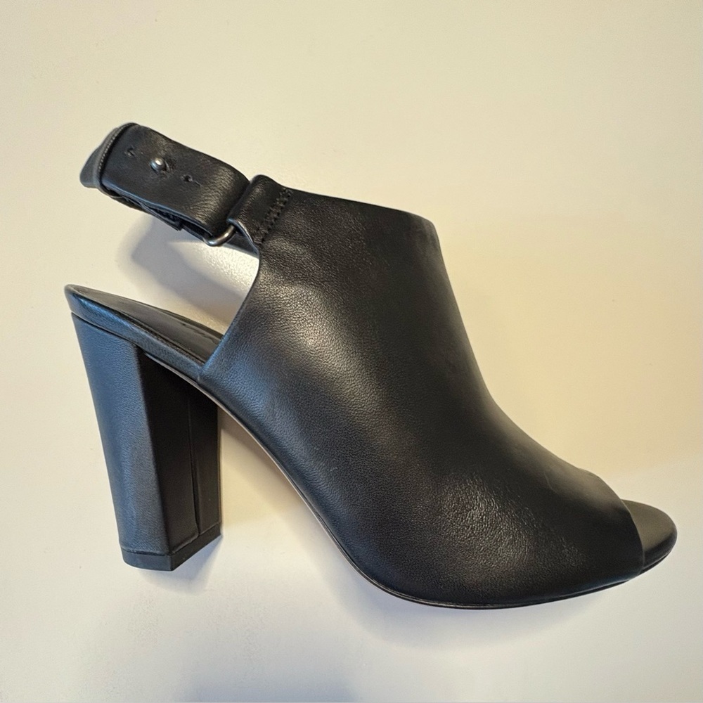 Vince Black Leather Peep-Toe Block Heel Mules Size 6